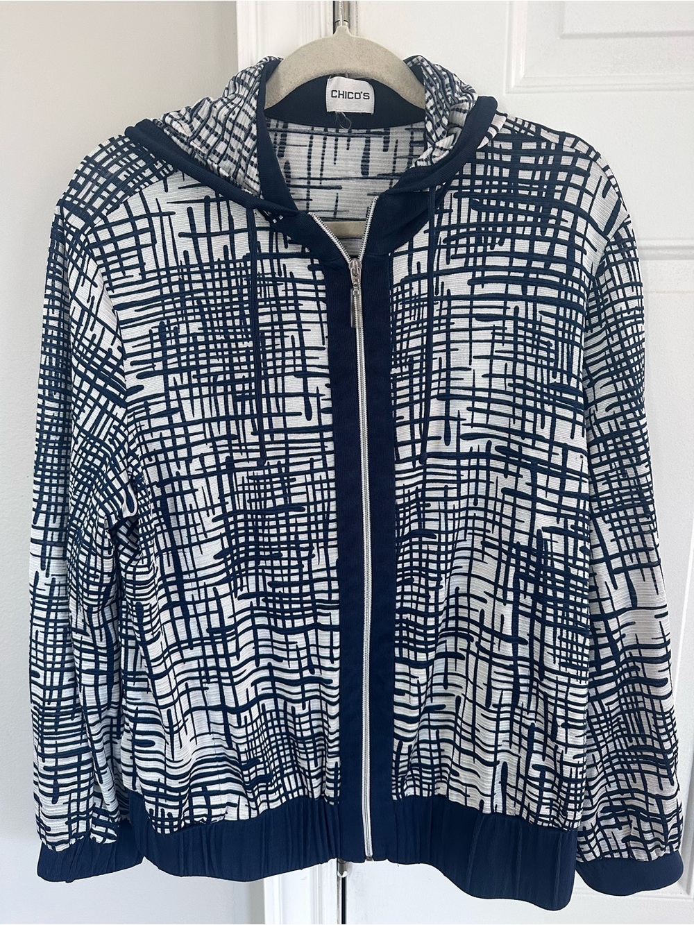 Chico's Navy & White Grid-Print Zip Hoodie Jacket